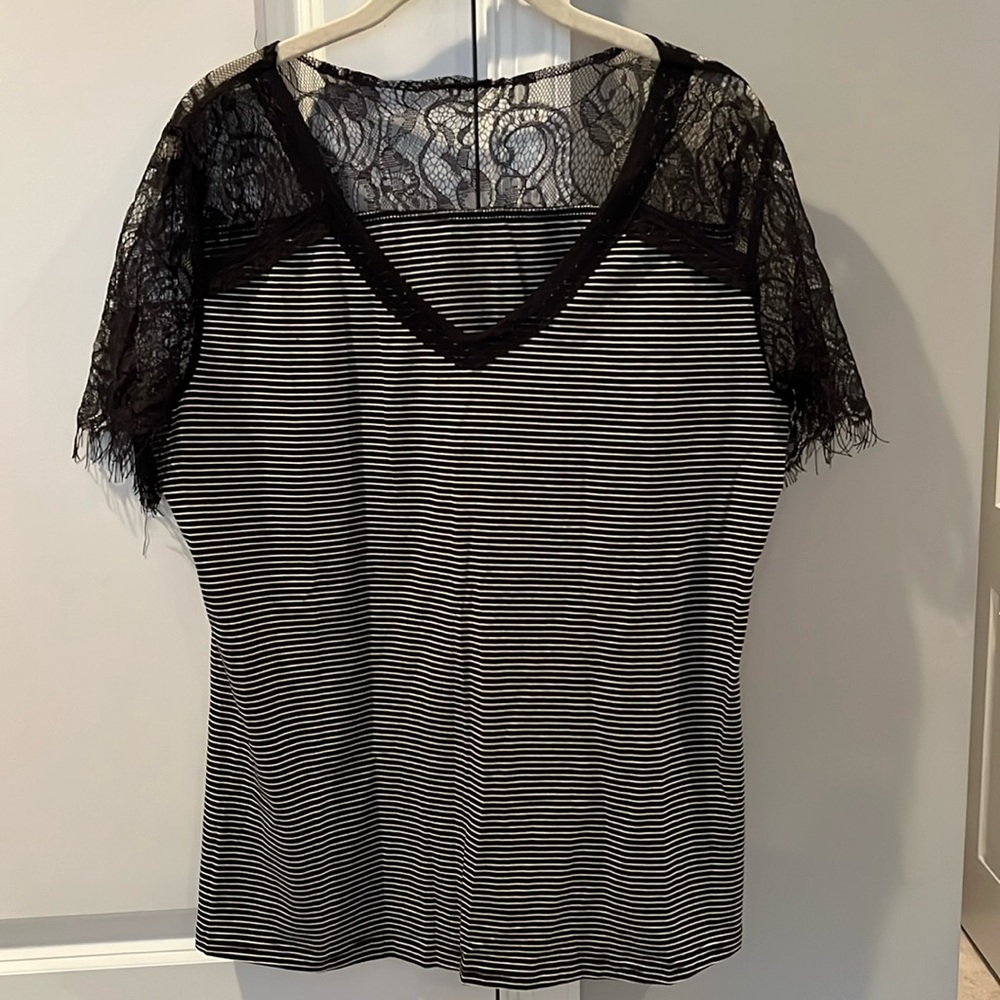 Black and White Striped Shirt with Lace Shoulders